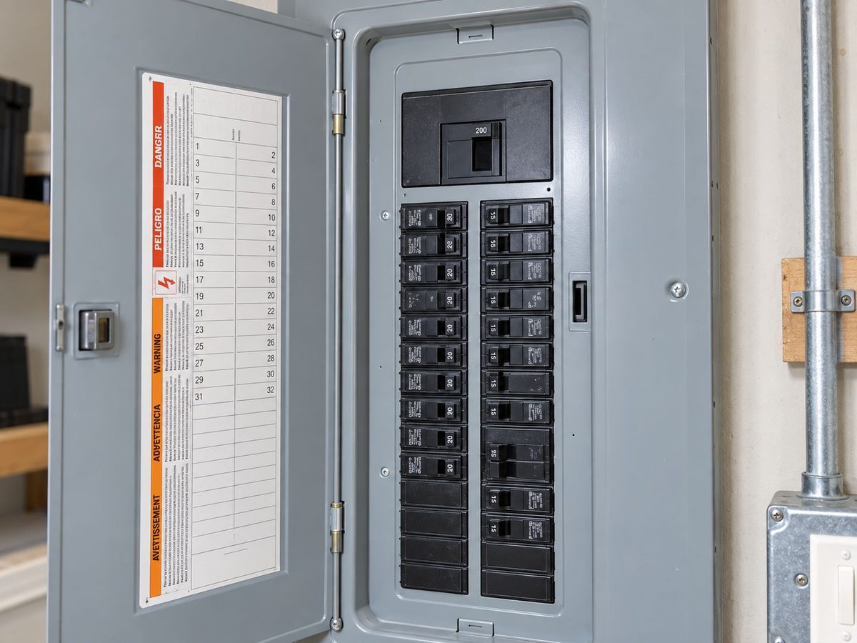 Circuit breaker panel with labeled breakers