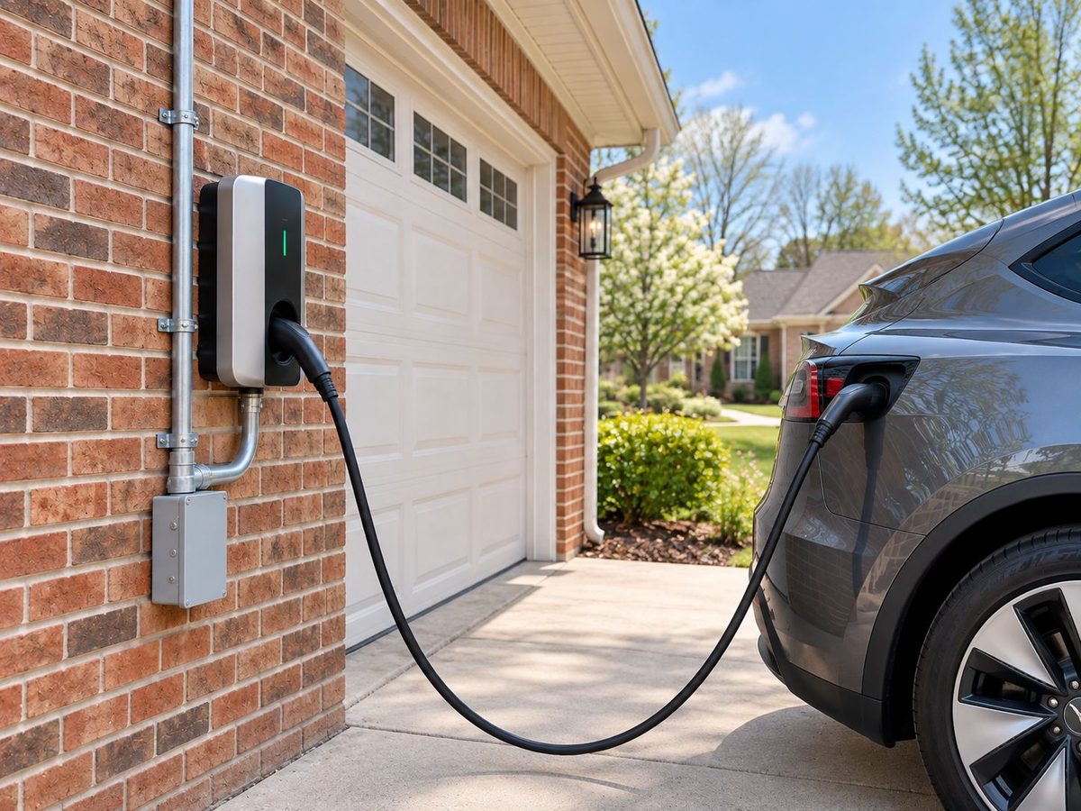 Electric vehicle charger installed on a garage wall and plugged into a car