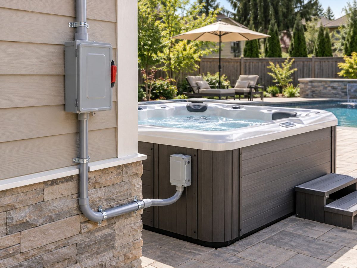 Hot tub wired with a disconnect box and conduit